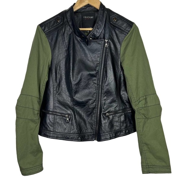therapy Jackets & Blazers - Therapy by Lane Crawford Women's Black Moto Faux Leather Green/Black Jacket XL